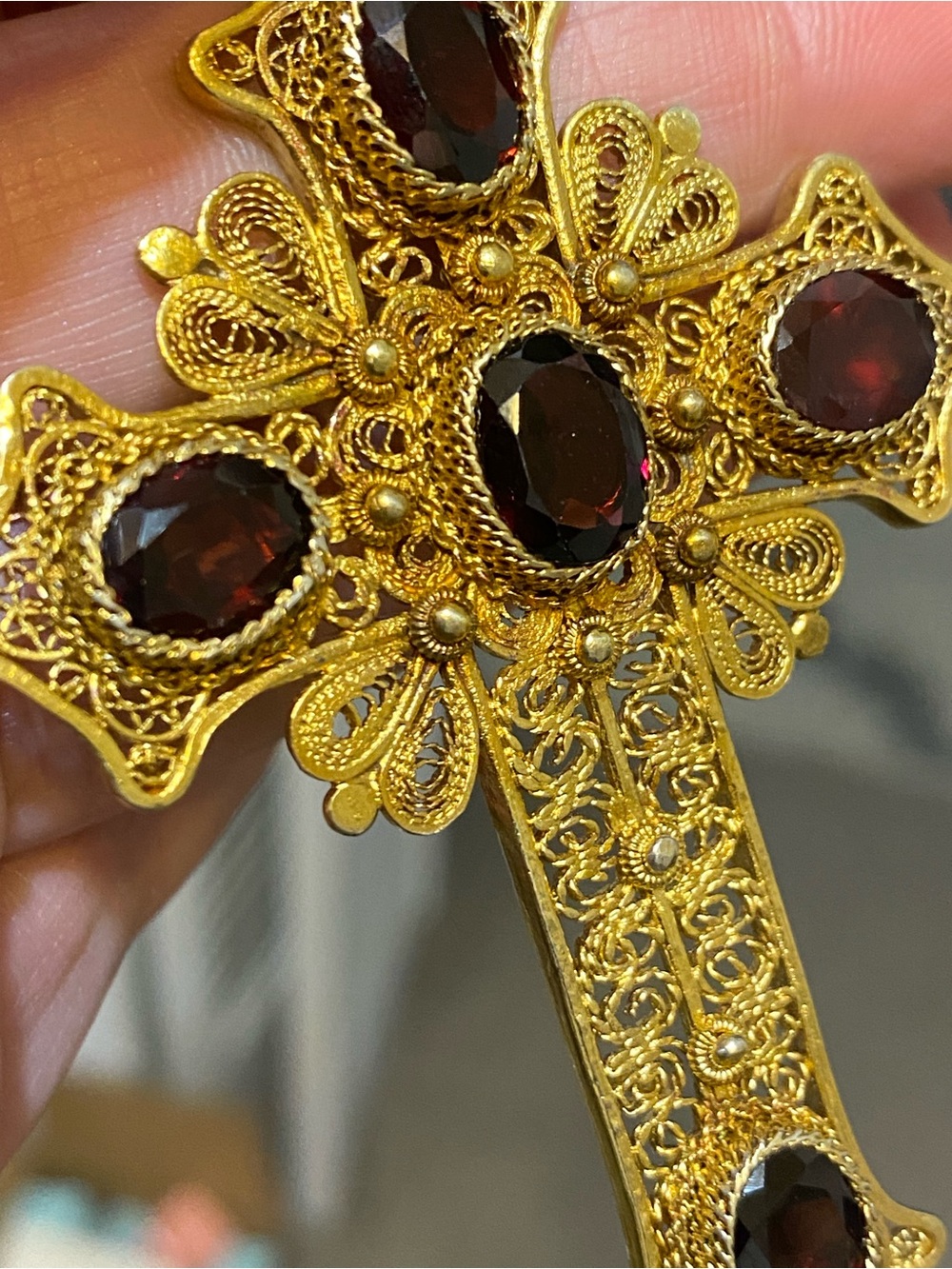 Vintage Gilt Sterling Silver Red Garnet Large Cross Pendant 925 - Picture 12 of 15